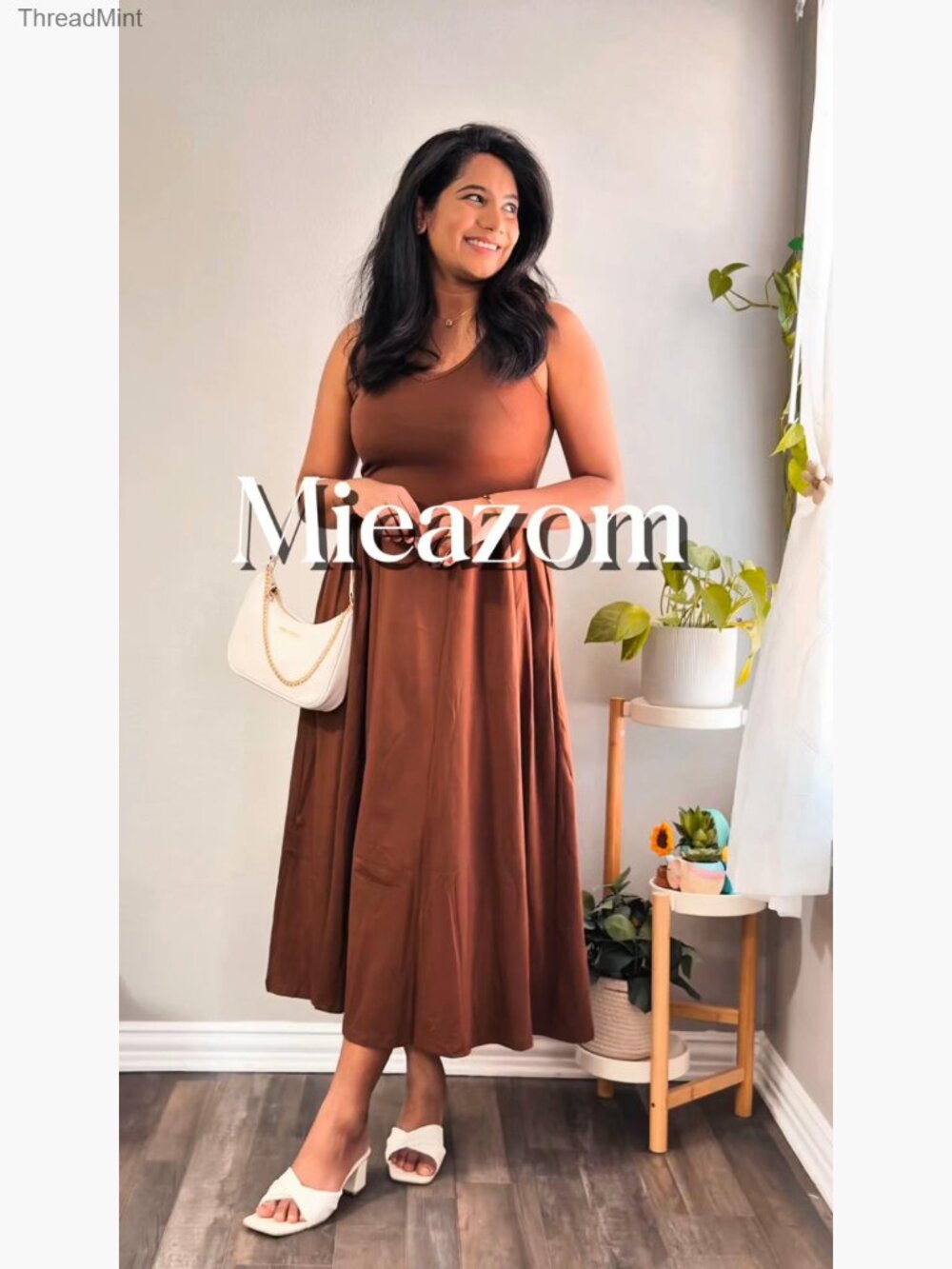 Sleeveless V-Neck Midi A-Line Dress with Pockets, Flowy Swing Sundress, Pleated - Picture 7 of 7